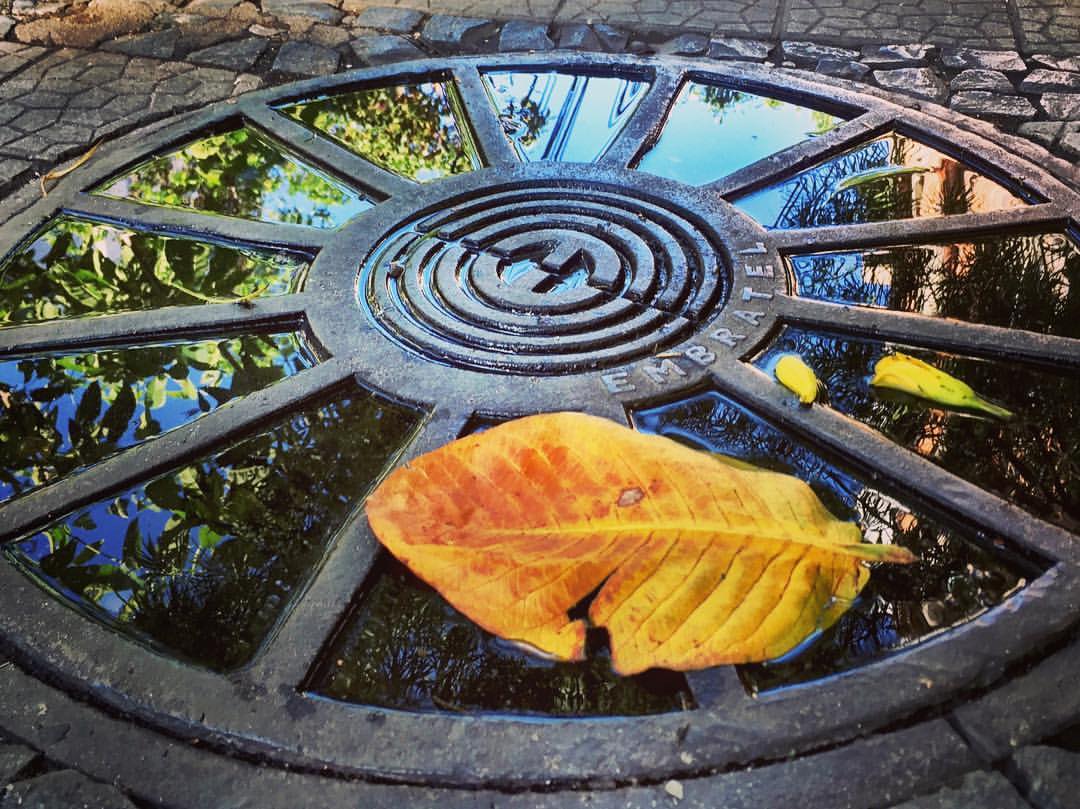 #paracegover A imagem mostra a água empoçada numa tampa de bueiro refletindo o dia lindo. Uma folha amarela completa o quadro. — at Bairro De Lourdes, Bh.