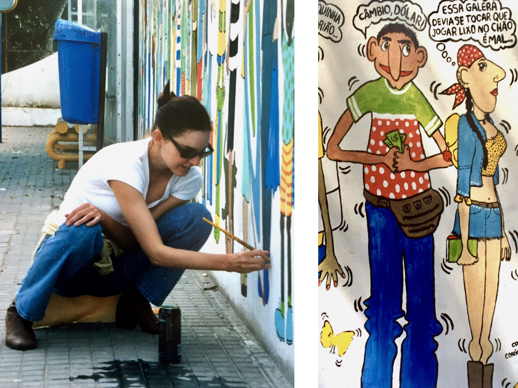 #paracegover A imagem mostra, na foto da esquerda, uma mulher abaixada, de camiseta branca, calça jeans e óculos de sol, pintando o muro. Na foto da direita, alguns personagens em detalhe.