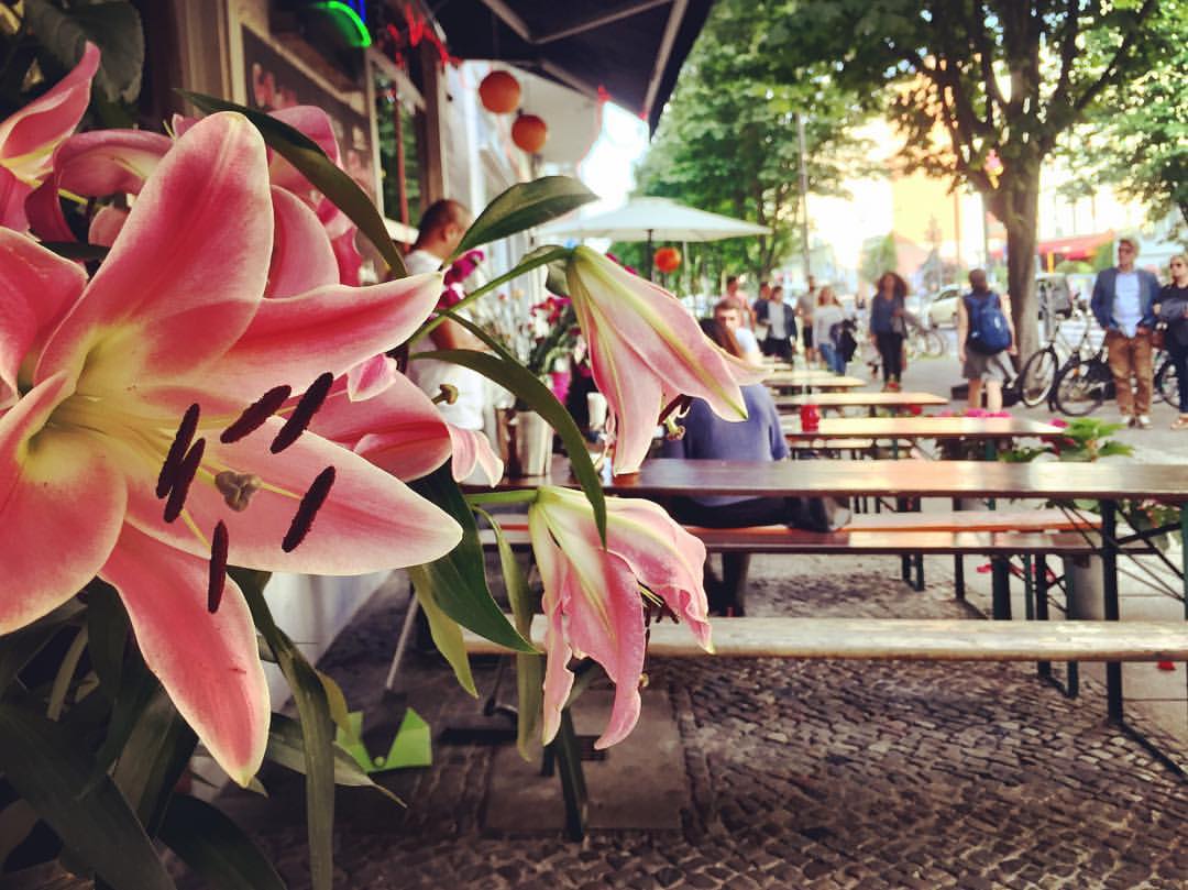 #paracegover Descrição para deficientes visuais: a imagem mostra um restaurante que está sempre decorado com muitas e belíssimas flores. Em primeiro plano, um vaso de lírios cheirosíssimos. Há bicicletas estacionadas na calçada e pessoas caminhando ao lado das mesas compridas de madeira. — at Modern Graphics Kastanienallee.