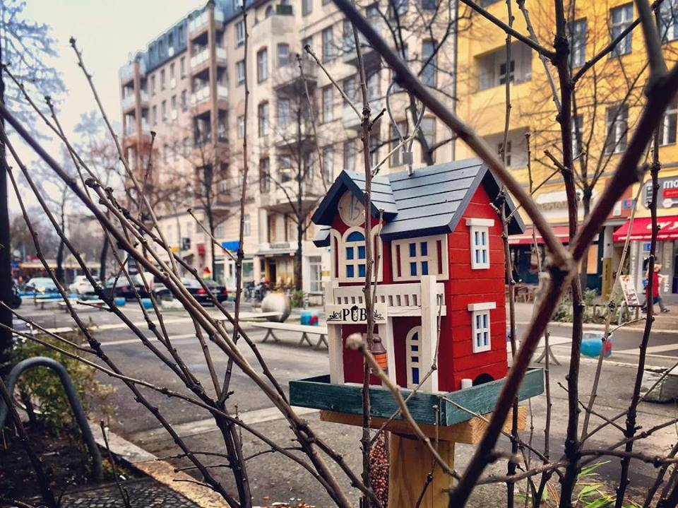 #paracegover Descrição para deficientes visuais: a imagem mostra uma supresinha dessas que a gente só encontra em Berlim: no meio dos galhos secos da vegetação plantada na calçada, uma charmosa casinha de madeira pintada de vermelho com portas e janelas brancas surge no cenário. Lindinha demais! — at Nachbar.