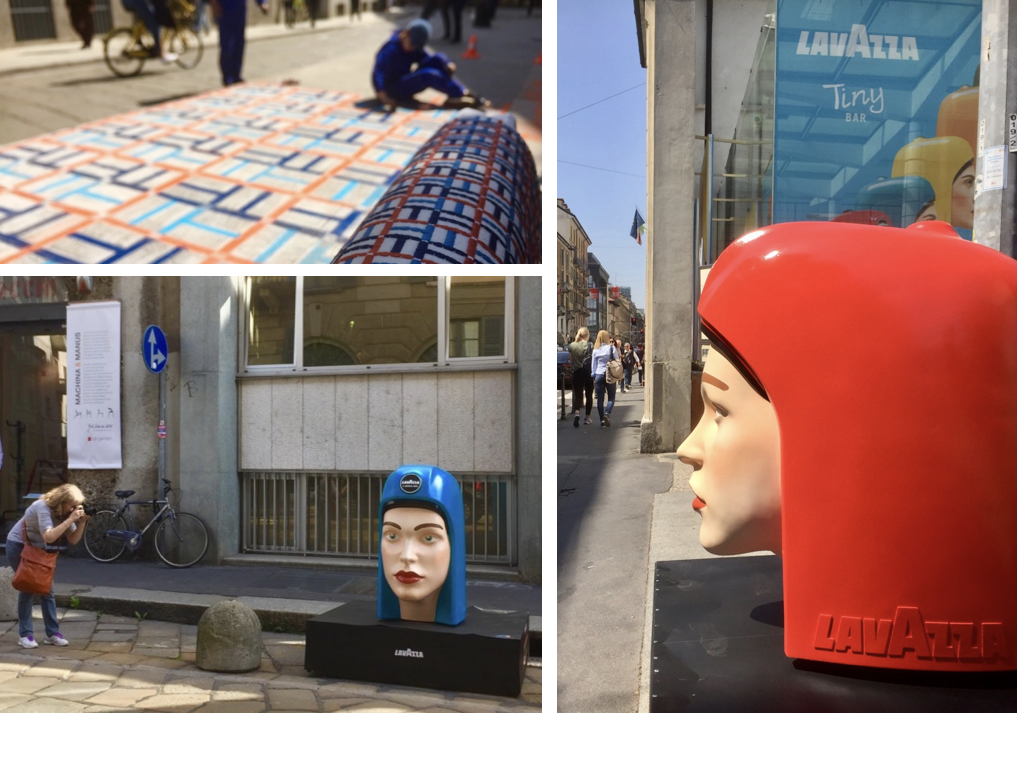 #paracegover Na primeira foto, um artista de rua reproduz a estampa de um tapete usando giz desenhado sobre o asfalto. Na segunda, uma turista fotografa uma das dezenas de esculturas do artista Toillette Paper: cabeças de mulher usando um capacete que lembra as cafeteiras Lavazza, uma das patrocinadoras do evento.