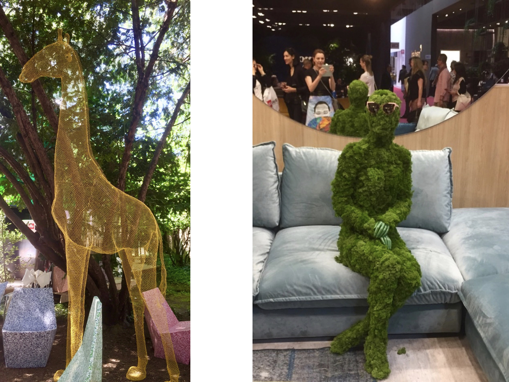 Uma divertidíssima girafa em tamanho real construída em aramado amarelo; impossível não amar. E um pensativo homem verde coberto de plantas calmamente sentado num sofá de grife usando óculos escuros. Adoro!!!